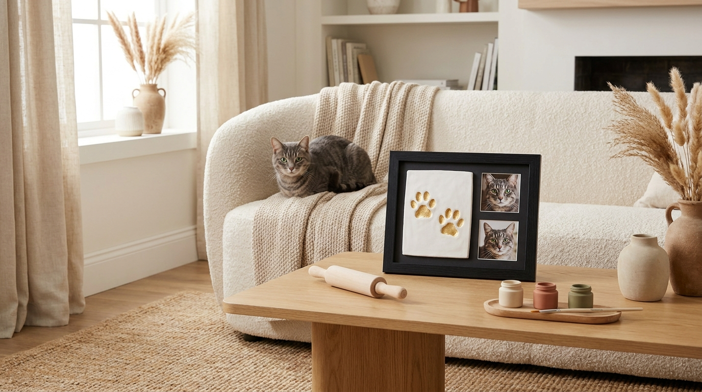 A framed pet memorial photo frame with two paw prints and two cat photos sits on a wooden coffee table in a cozy living room. A gray tabby cat rests on a cream bouclé sofa in the background, with a window, curtains, and home decor visible.